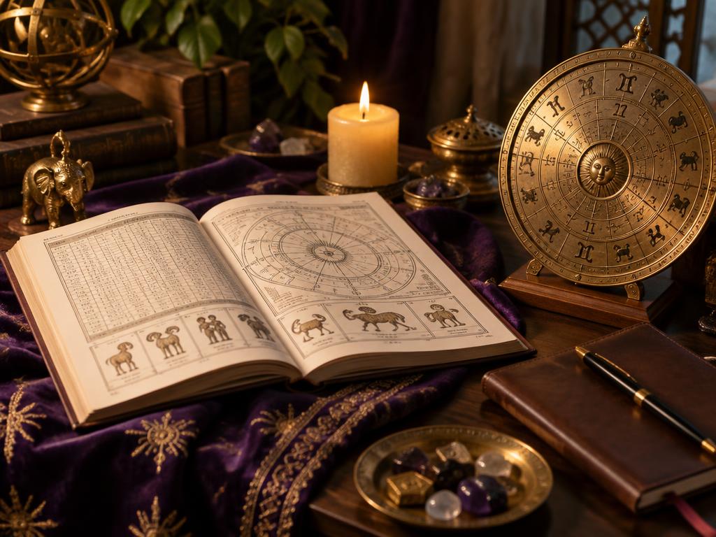 Brass compass beside an antique star chart